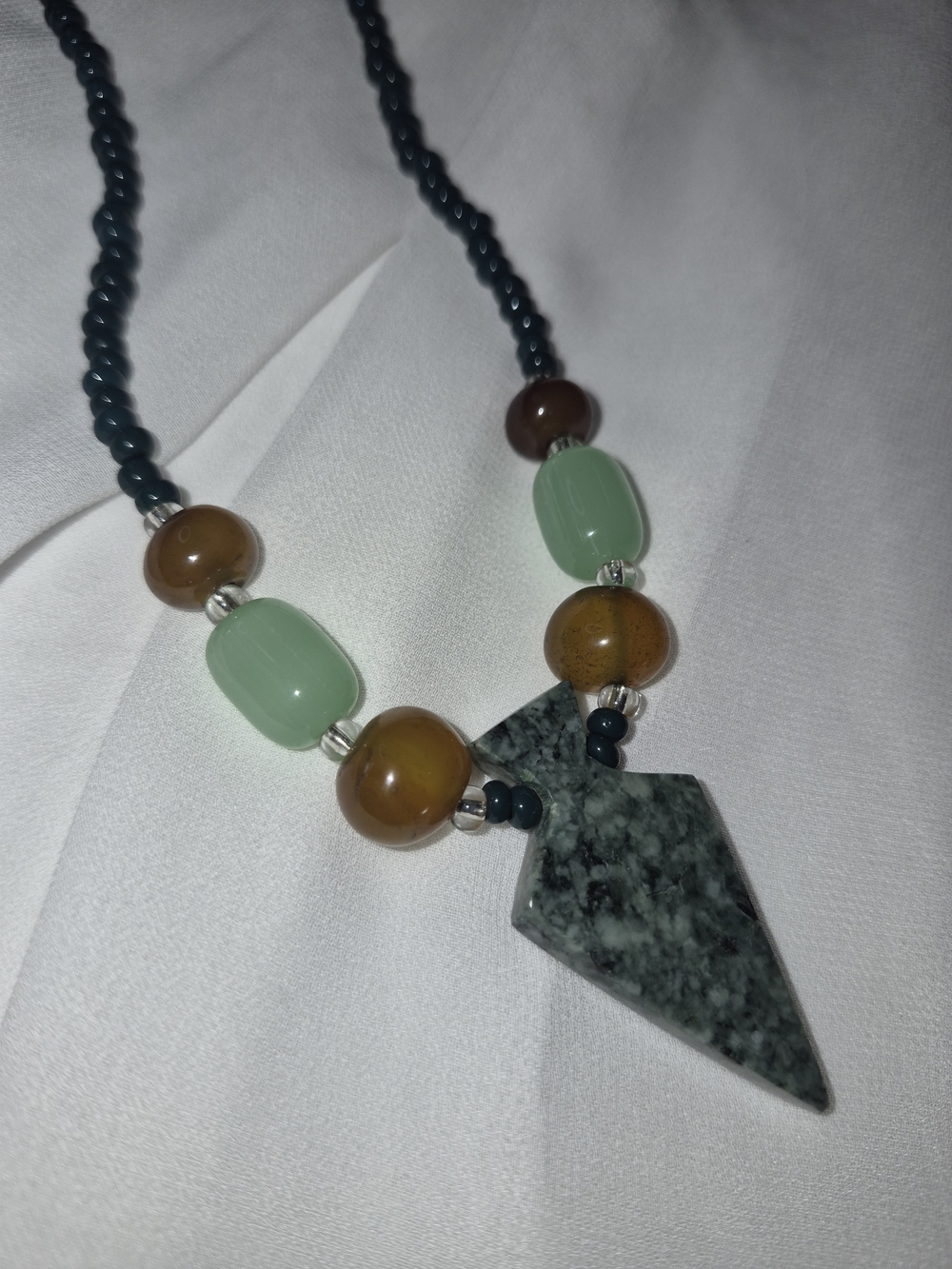 Agate & Serpentine Stone Arrowhead Pendant Necklace with Sage and Amber Beads
